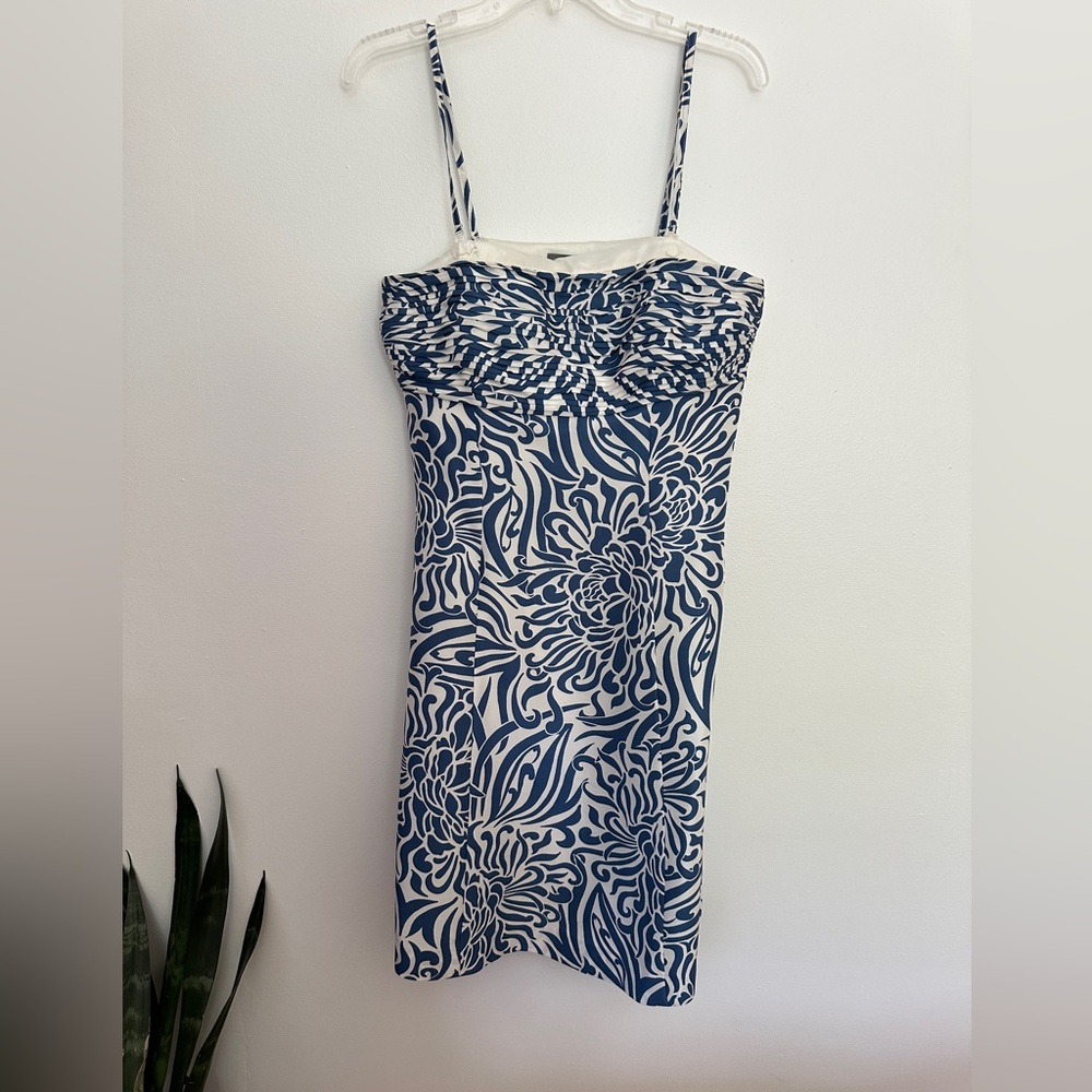 Ann Taylor Silk Blue Floral Print Strapless Dress